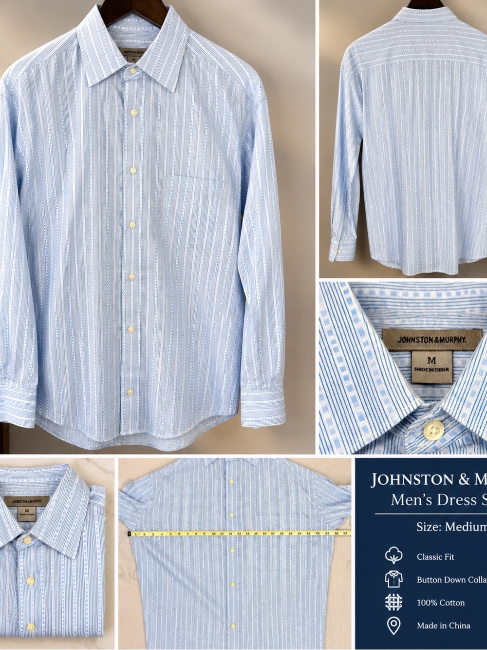 Johnston & Murphy Men's Light Blue and White Striped Dress Shirt